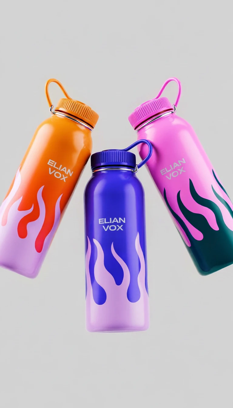 Three Elian Vox water bottles in orange, violet and pink with flame graphics, floating on grey