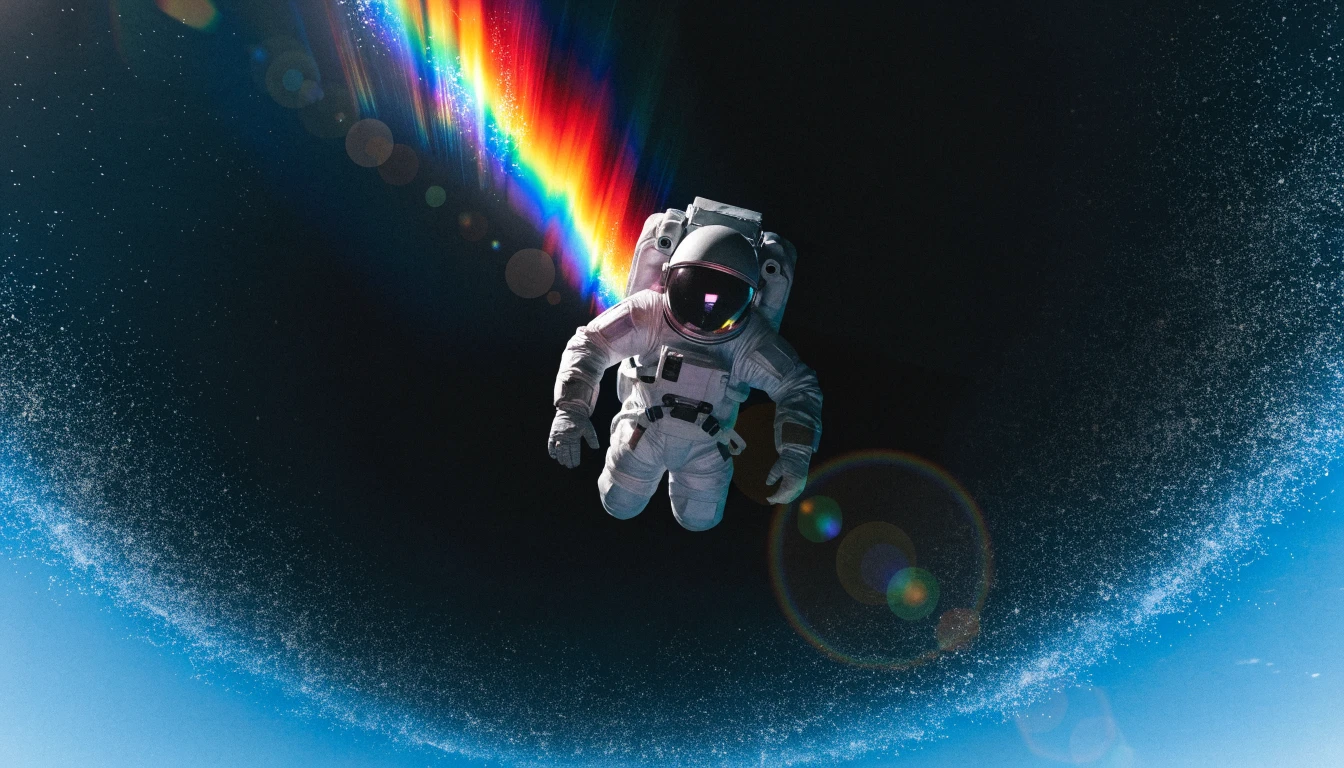 An astronaut drifting through space beside a rainbow light streak, above the glow of the Earth