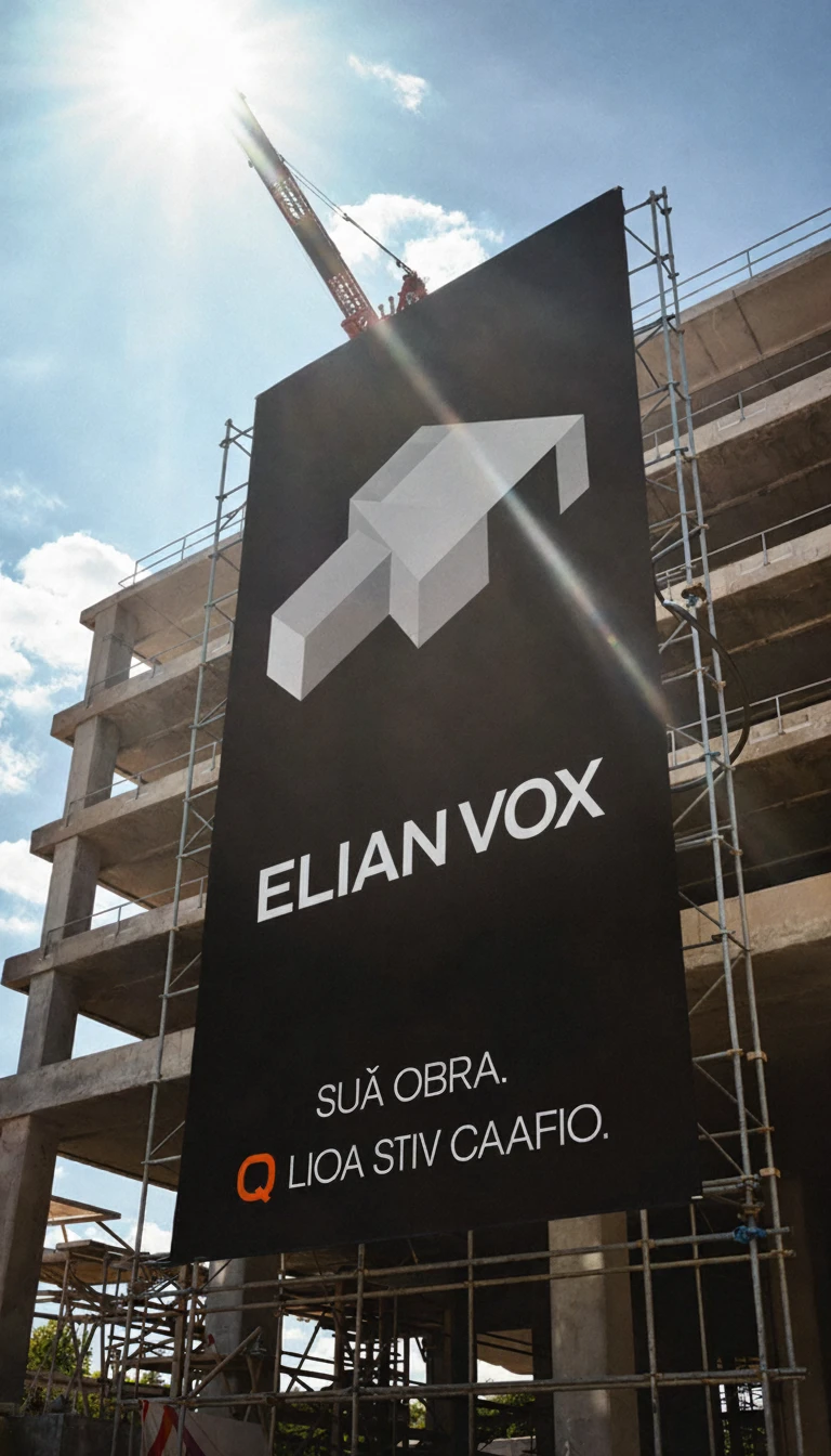 Elian Vox banner hanging on scaffolding at a concrete building site, sun flaring behind a crane