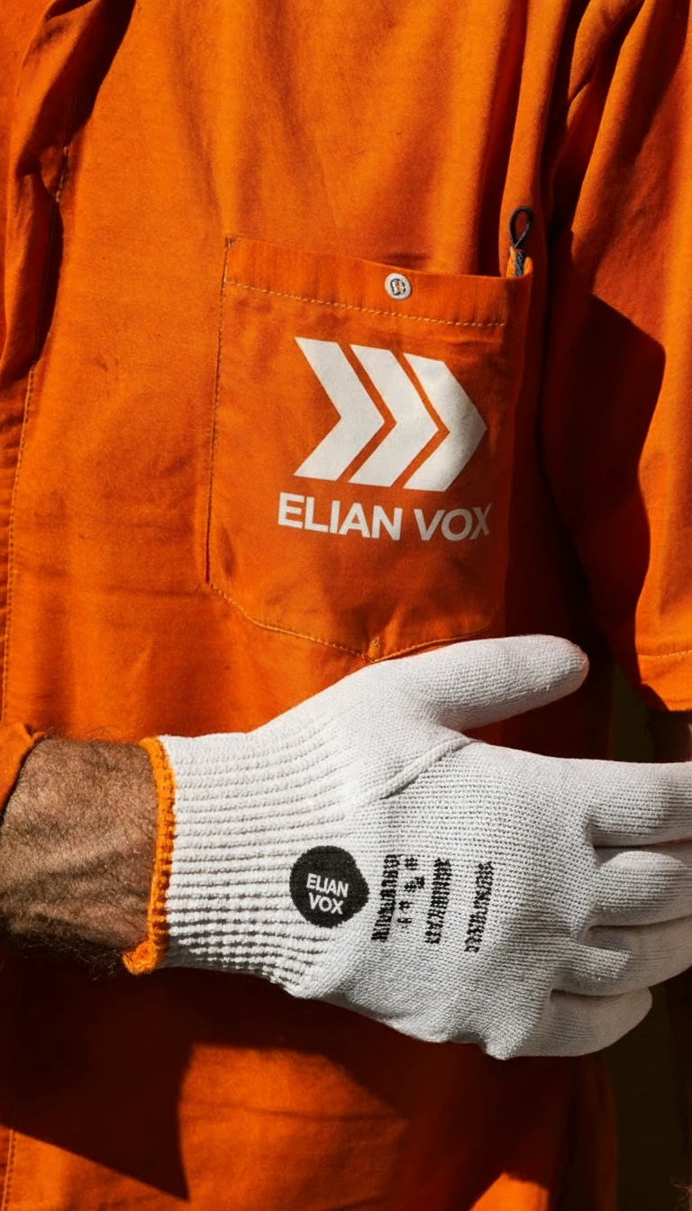 Close-up of an orange Elian Vox workshirt pocket and a white work glove