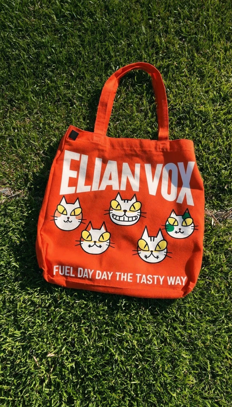 Orange Elian Vox tote bag with cartoon cat faces lying on sunlit grass