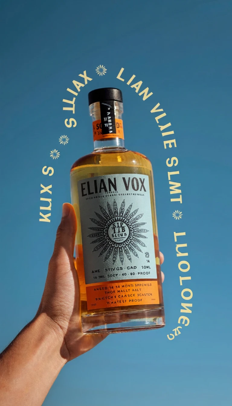 Hand holding an Elian Vox spirits bottle against a clear blue sky, with type arcing around it